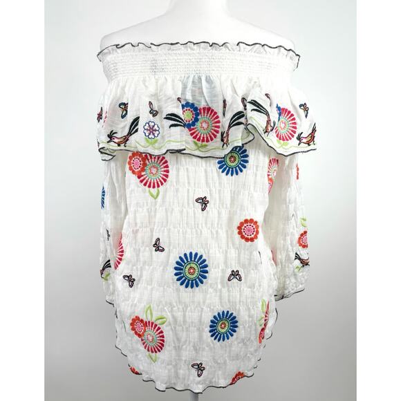 John Mark Embroidered Floral Boho Crinkle Strapless Ruffle Top White Size Large - Picture 10 of 10